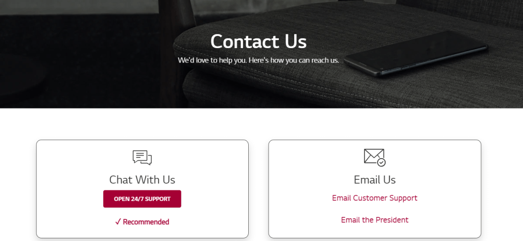 LG TV Customer Service webpage