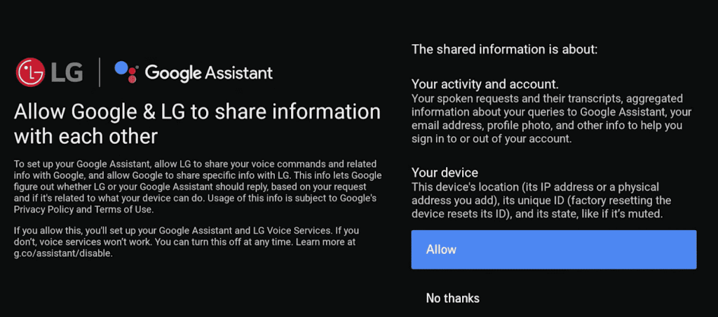 Click on Allow to connect Google Assistant to LG TV
