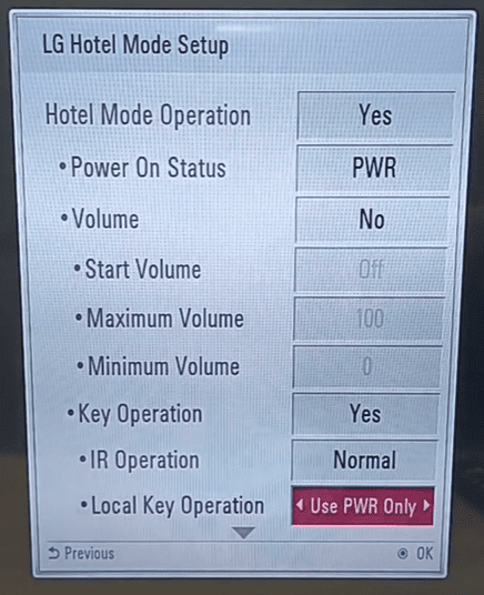 Select Use PWR Only to enable Key Lock on LG TV